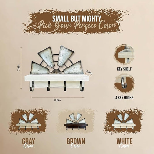 Windmill Key Holder Wall Mount, Decorative Wall Mounted Key and Mail Rack with Shelf, Farmhouse Wall Decor, 4 Rustic Hooks for Coats & Keys, White Western Key Holder.