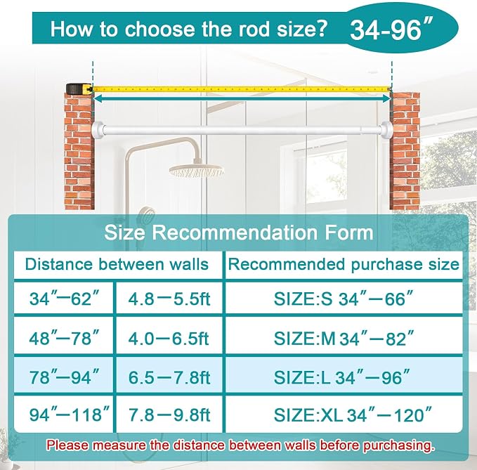 YNL Tension Shower Curtain Rod 34-96 Inches(2.8-8ft) Adjustable Spring Shower Rod No Drilling, Non-Slip, Never Rust, Stainless Steel, Suitable for Bathroom Window Kitchen,White
