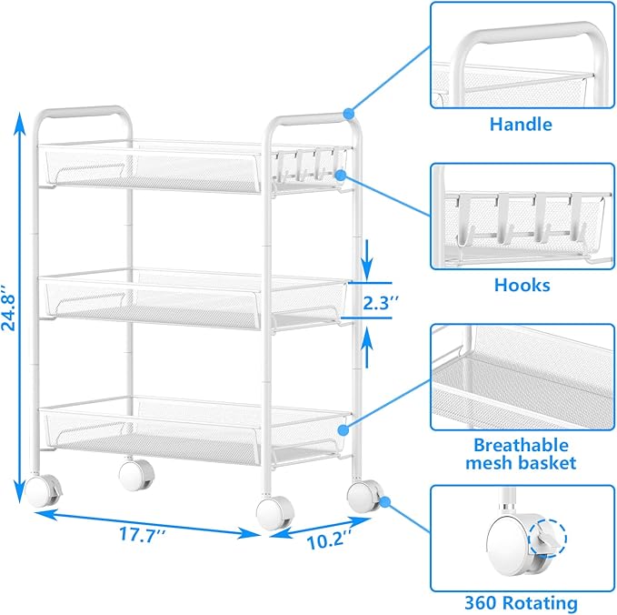 3-Tier Mesh Rolling Cart - 24.8" H Fits Under Desk Metal Cart with Wheel | Hold 35bls/Tier Small Space Storage Organizer Crafts Utility Cart for Office Pantry Bathroom Kitchen Laundry White
