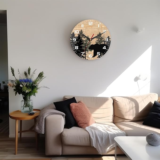 Wall Clock, 10 Inch Silent Non-Ticking Home Kitchen Decor, Battery Operated for Bathroom Bedroom Living Room Office(Forest Bear Plant)