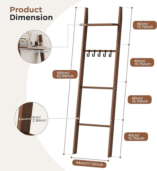 63" Bamboo Blanket Ladder with Shelf and 5 Hooks, 4 Tier Leaning Blanket Rack, Farmhouse Towel Ladder Rack, Decorative Quilt Rack Holder for Living Room Bedroom Bathroom, Walnut