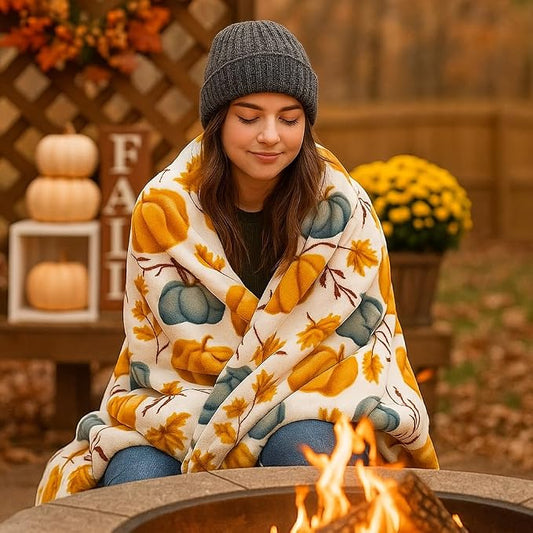 Serafina Home Autumn Fall Fleece Throw Blanket: Thanksgiving Soft Velvety Blanket for Couch Bed Sofa, 70" x 50" (Pastel Pumpkins)
