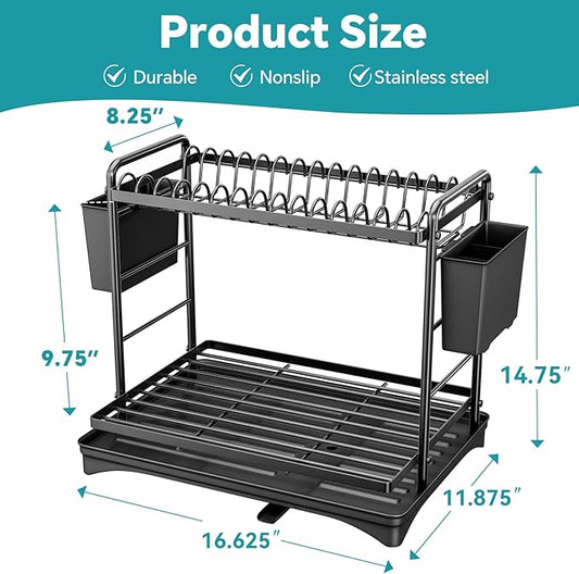 Simple Trending Dish Rack, Dish Drying Rack 2 Tier, Stainless Steel Dish Drainers with Utensil Holder and Drainboard for Kitchen Sink Organizers, 12" w x 16.6" L, Black