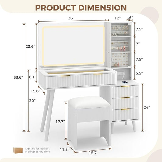Garvee Vanity Desk with Lighted Mirror, Makeup Vanity with Charging Station, Glass Top Dressing Table with Cushioned Storage Stool for Bedroom, White