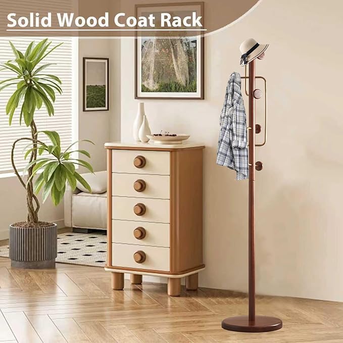 Solid Wooden Coat Rack Stand, Coat Racks Freestanding with 6 Hooks, Natural Birch Wood Coat stands with Sturdy Round Base, Tree Coat Hanger Standing for Entryway Bedroom Office (Tree Design3)