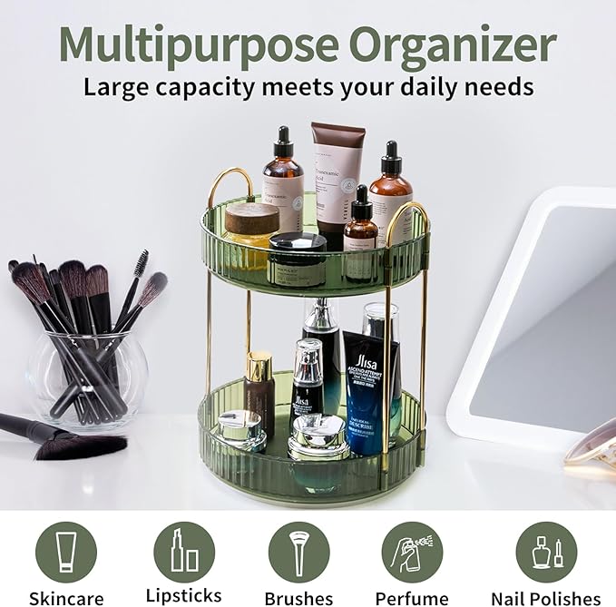 Asayuee 360 Rotating Makeup Organizer for Vanity,2 Tier Large Capacity Skincare Organizers,Bathroom Counter Organizer, Spinning Perfume Organizer & Vanity Organizer (Green-2 Tier)