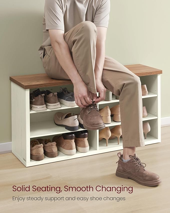 VASAGLE Shoe Bench, Storage Bench, 6 Compartments, Adjustable Shelves, for Living Room, Entryway, Dorm, 11.6 x 39.4 x 19.7 Inches, Rustic White and Honey Brown ULSB036W02