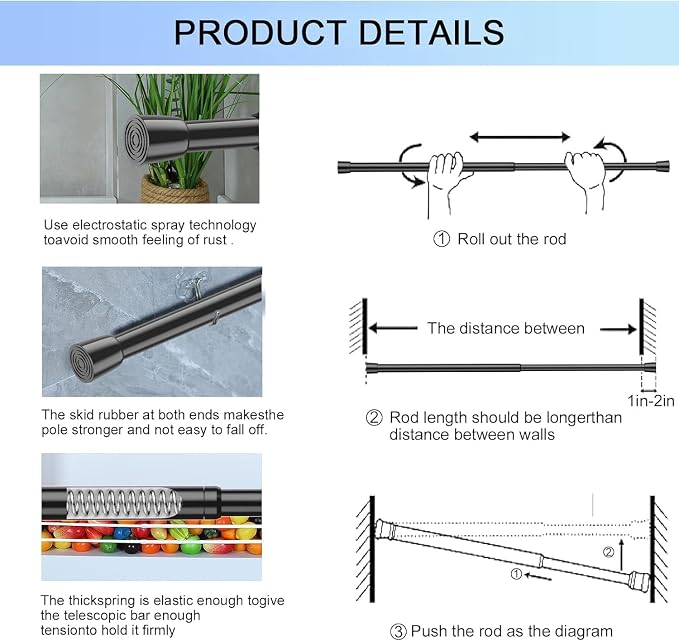 AIZESI Spring Tension Rods Adjustable Tension Curtain Rod Small Tension Rod No Drilling Expandable Spring Loaded Curtain Tension Rod(Black,26" to 39"-4Pcs)