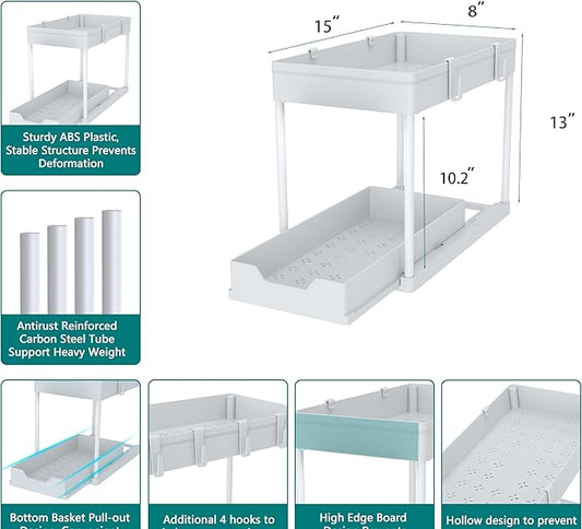 DEKAVA Cabinet, 2 Pack Under Sink Organizer, 2 Tier Sliding Bathroom Kitchen Organizer, Large White ABS Baskets, Easy Install & Clean