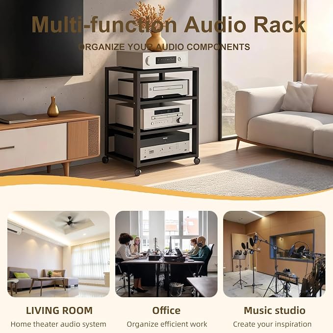 5 Tier AV Media Stand, Audio Rack Tower Stereo Components Cabinet, Home Theatre CD Record Player Stereo Receiver Equipment Rack with Adjustable Wood Shelves, Load 220lbs (Black)