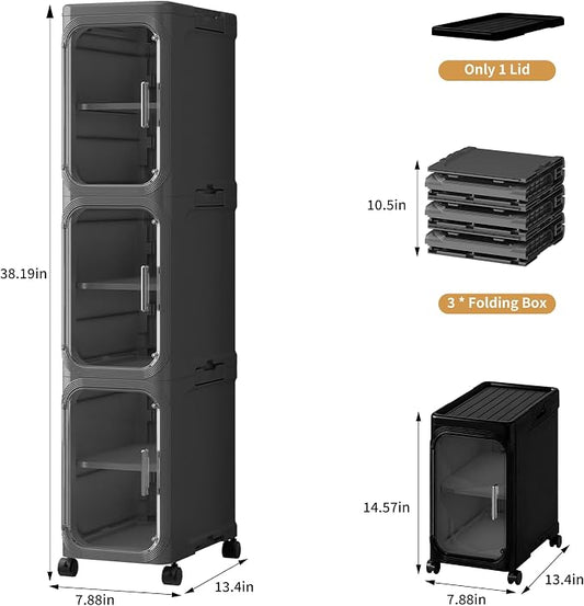 3-Tier Narrow Slim Bathroom Storage Cabinet with Wheels, Black | Tool Free Assembly, Adjustable shelves, Lockable Wheels, Magnetic Clear Door, Fits for Narrow Spaces