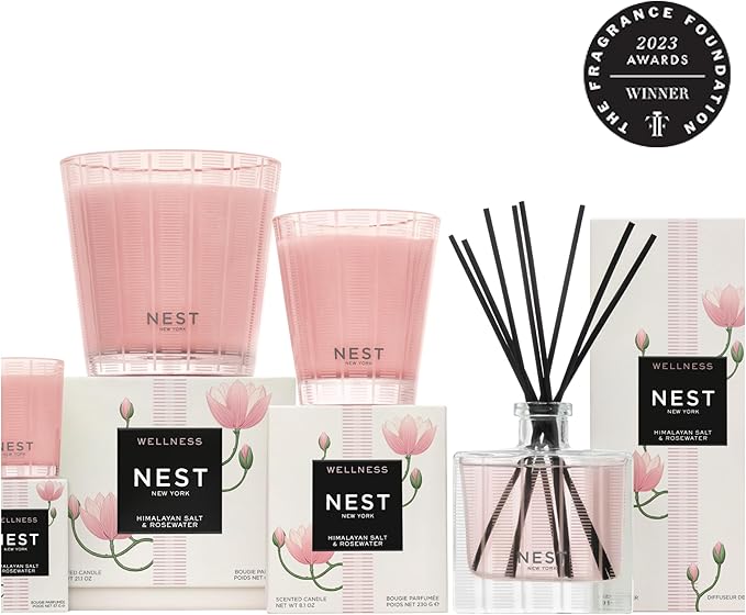 NEST New York Reed Diffuser, Himalayan Salt & Rosewater - The Wellness Collection - 5.9 fl oz - Fragrance for Up to 90 Days - Reusable, Refillable Glass Holder - Includes 8 All-Natural Reed Sticks