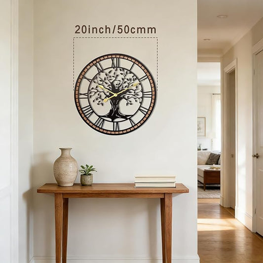 Wall Clock,20" Large Wall Clock for Living Room Decor,Tree of Life and Wooden Frame Design,Non-Ticking Battery Operated,for Dining Room,Bedroom,Kitchen,Office Arabic Decoration