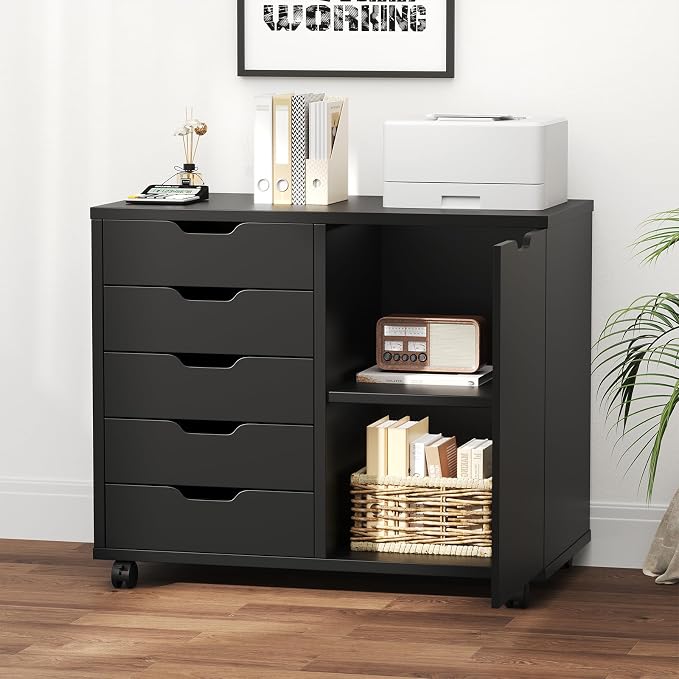 DUMOS 5 Drawer File Cabinet Office Drawers Organizer with Wheels, Under Desk Cabinets with Shelves and Door Printer Stand with Wood Board Metal Frame for Home Office Storage Craft Room, Classic Black