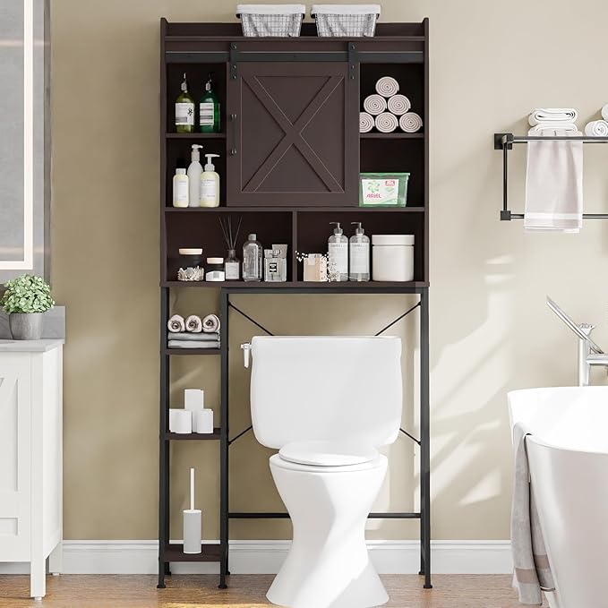 Over The Toilet Storage Cabinet, Farmhouse Storage Cabinet Over Toilet with Sliding Door & Toilet Paper Holder Stand,Home Space-Saving Toilet Rack, for Bathroom, Restroom, Laundry.Espresso