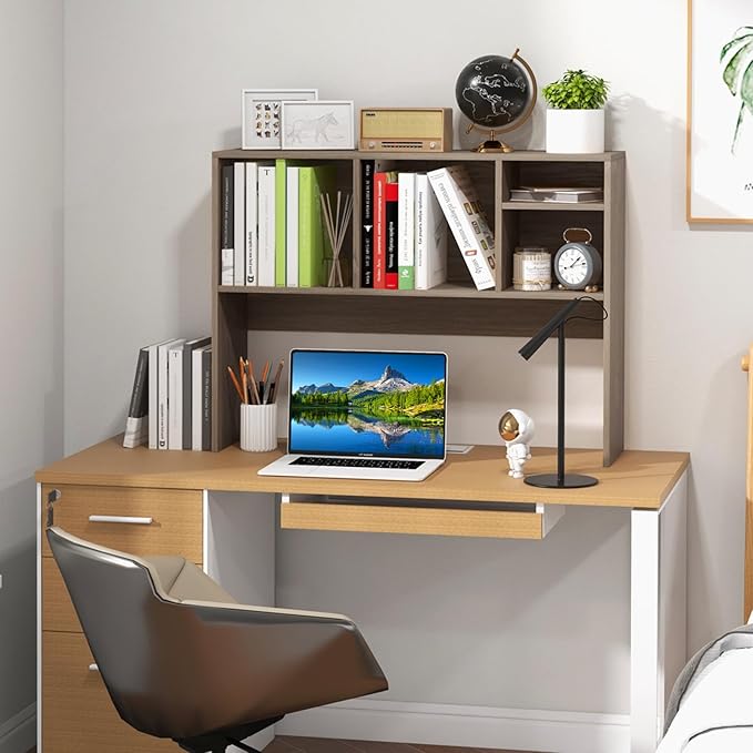 Desk Hutch, Desktop Shelf with 4 Shelves, Desk Bookshelf w/Anti-Toppling Devices, Wood Table Top Bookshelf Organizer, Small Desk Shelf for Study, Office, Dorm (Grey, 4 Shelves)