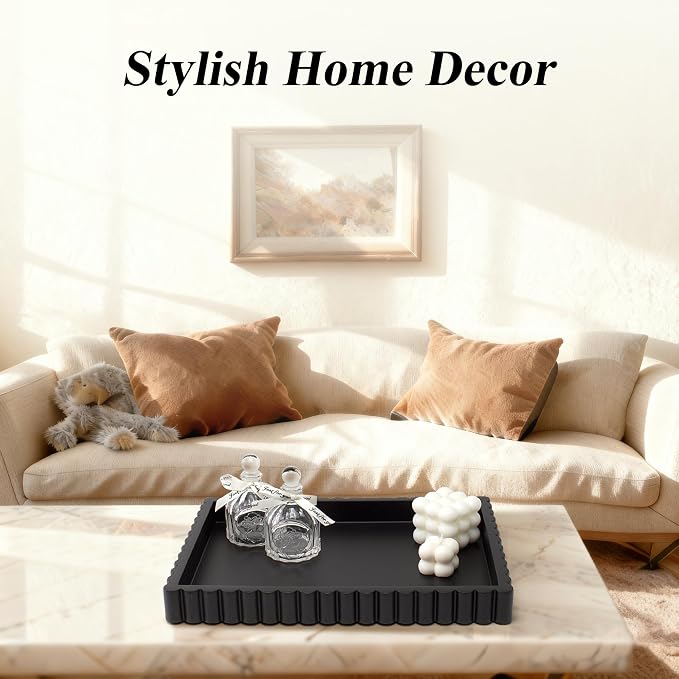YMXYJM-Scalloped Coffee Table Tray,Ottoman Tray for Modern Home Decor. 14" Decorative Tray for Entryway Table Decor, Living Room Table Decor, Coffee Table Centerpiece - Black Resin