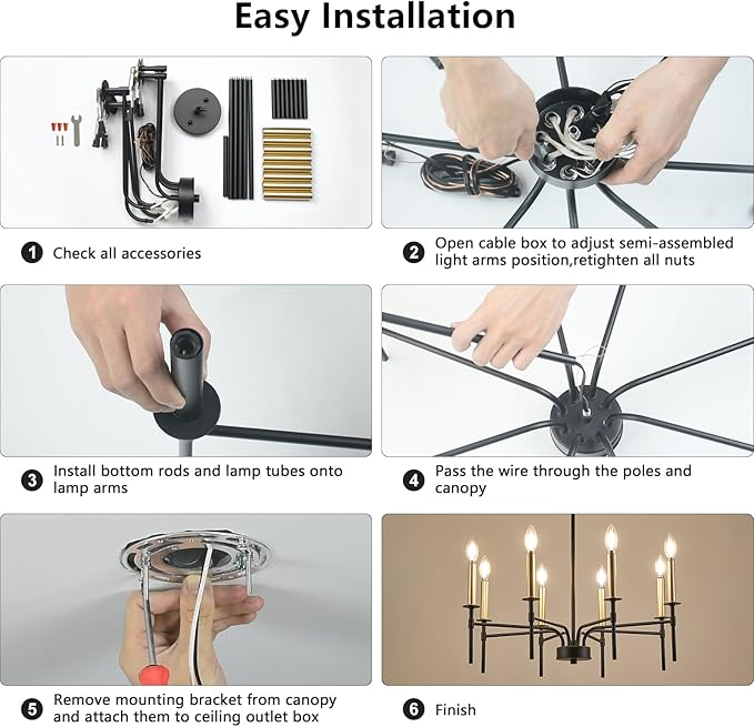8 Light Modern Farmhouse Black and Gold Chandelier for Dining Room Over Table,Hanging Ceiling Candle Chandeliers Pendant Light Fixture for Living Room Staircase Entryway Foyer Kitchen