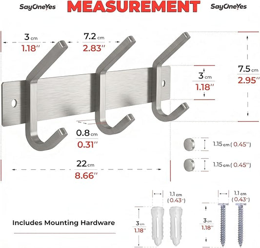 Small Coat Rack Wall Mount – Brushed Nickel 9 Inch Stainless Steel Hook Rail with 3 Heavy Duty Double Coat Hooks – Wall Mounted Coat Hanger for Entryway, Bathroom, Bedroom, Towel, Hat Organizer