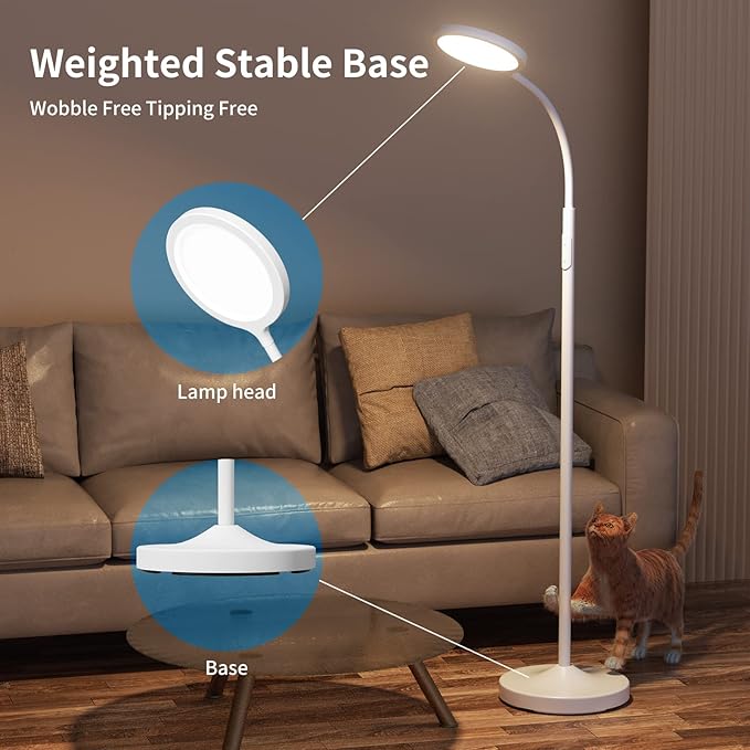 luckystyle White Floor Lamp,Super Bright Dimmable Led Floor Lamps for Living Room, Custom Color Temperature Standing Lamp with Remote Push Button, Adjustable Gooseneck Reading Floor Lamp (LK-1006)