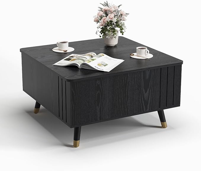 SULIVES Lift Top Coffee Table with Storage,Square Coffee Table with Lifting Top,Modern Center Table with Solid Wood Legs,Small Coffee Tables for Living Room,Black