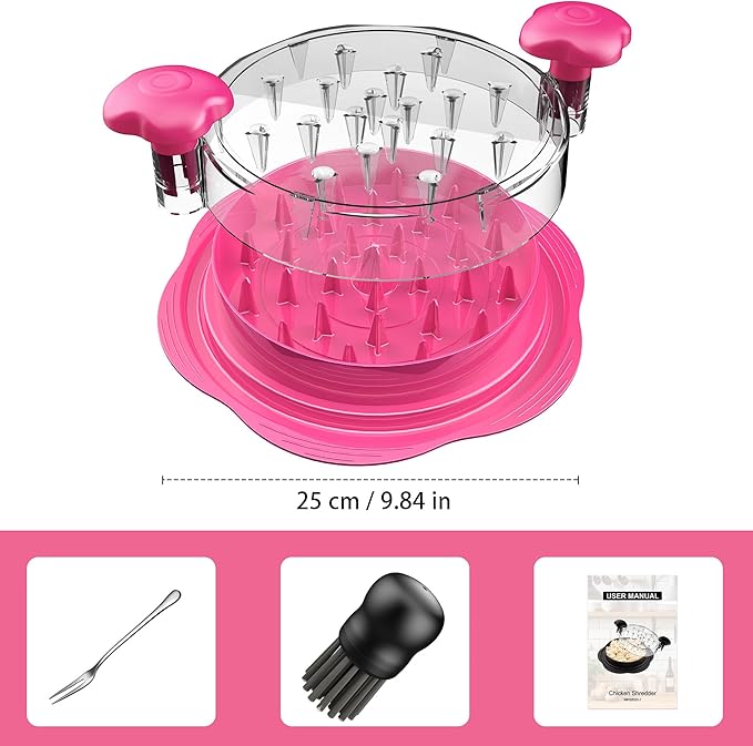 SURETIVIAN Chicken Shredder Tool Twist Large Chicken Breast Shredder with Brush&Fork, Visible Meat Shredder Machine, Anti-Slip Strip, Ergonomic Handle, BPA Free, Pork Beef Chicken(Hot Pink)