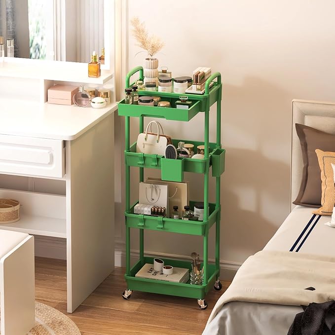 4 Tier Rolling Utility Cart with Drawer, Plastic Storage Organizer Rolling Carts with Wheels Handles Hanging Cups Hooks for Office, Bathroom, Kitchen,Craft Art Room (Green)