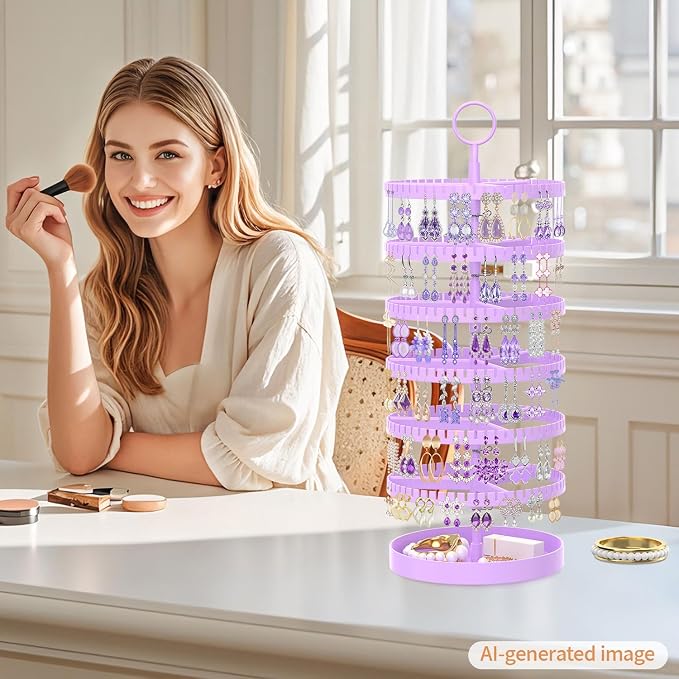iDavosic.ly 6 Tier Rotating Earring Holder Organizer with Metal Tray, Adjustable Plastic Dangle Display Stands Tree with 342 Grooves, Large Hoop Storage Rack Tower, Purple