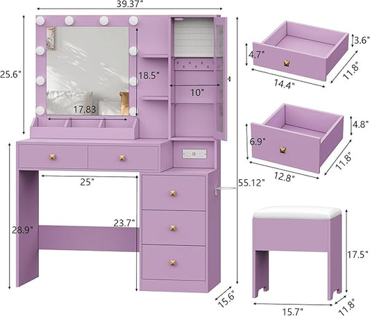 Vanity Desk with Mirror and Lights, Purple Makeup Vanity with 5 Drawers Hidden Jewelry Organizer& LED Glass Cabinet,3 Light Mode and Brightness Adjusted,Vanities Mirror with Lights Desk and Chair