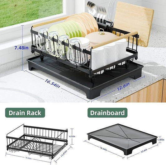 Dish Drying Rack with Auto-Drainboard - Rustproof Kitchen Counter Strainer with Cutlery & Cup Holders, Compact Space Saver Kitchen Strainer, Black