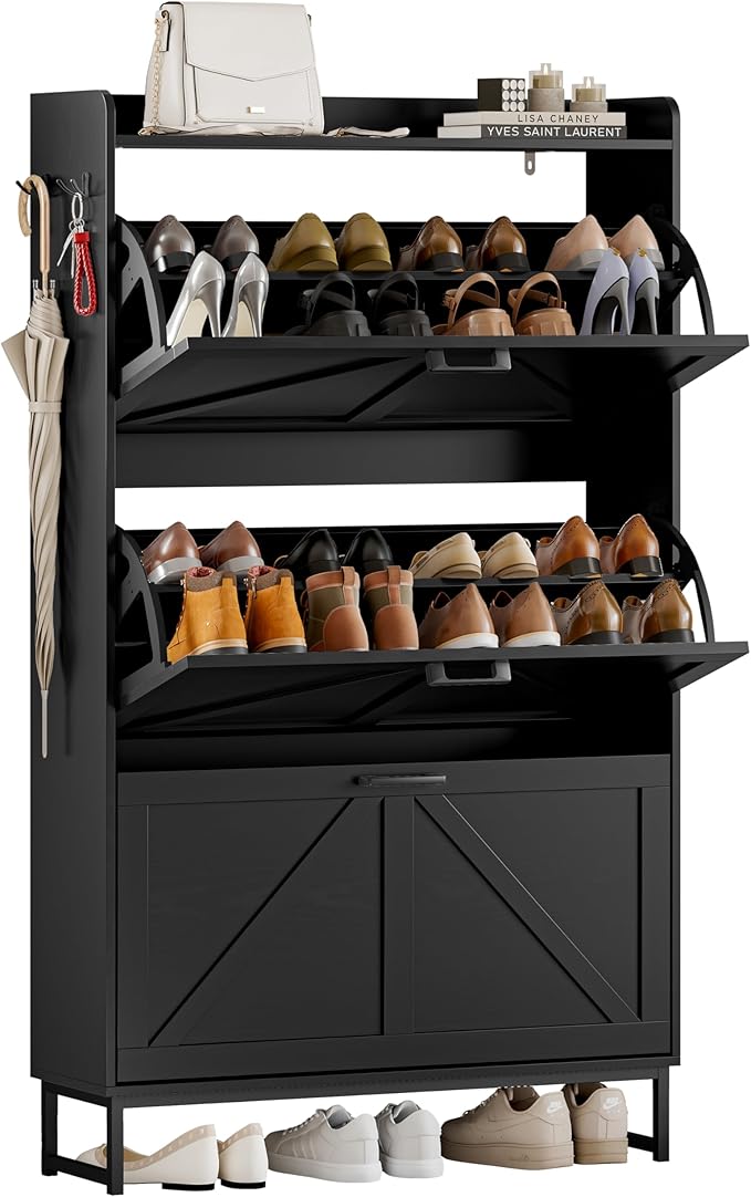 Shoe Cabinet Storage for Entryway, Shoe Storage Cabinet with 3 Flip Drawers, Freestanding Narrow Shoe Rack Organizer with Metal Legs for Foyer, Hallway, Black