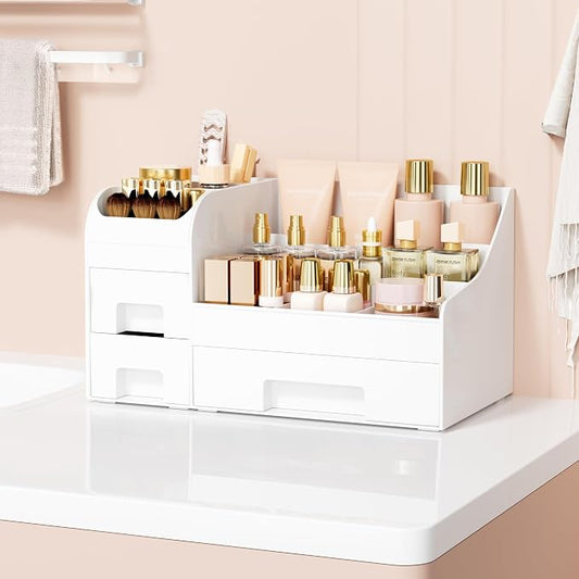Makeup Organizer with Drawers,Large Cosmetic Storage Box,Countertop Skincare Organizer,ABS Makeup Brush Holder for Bathroom,Desk,Dresser,Multifunctional Beauty Display Case,White transparent