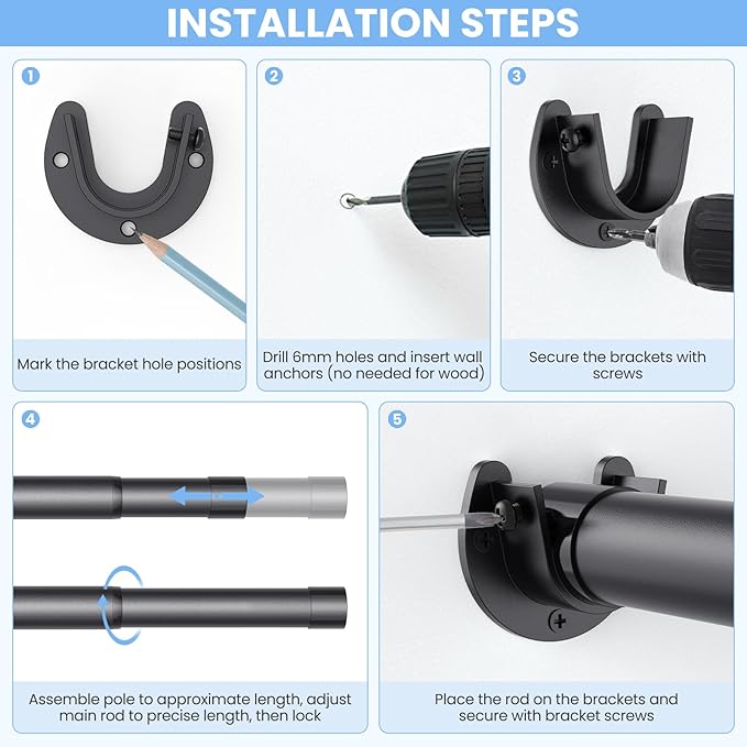 Closet Rods for Hanging Clothes, 17 to 84 Inch Stepless Adjustable Closet Rod, 1.3 Inch Diameter Metal Heavy Duty Closet Hanging Rod for Closet Wardrobes Laundry RV, Black