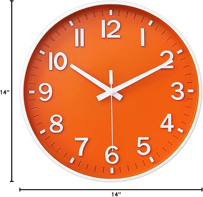 HZDHCLH Wall Clocks Battery Operated,Wall Clock Orange,14 inch Wall Clock Silent Non Ticking Modern 3D Numbers for Kitchen Bedroom Living Room Office Classroom Decor
