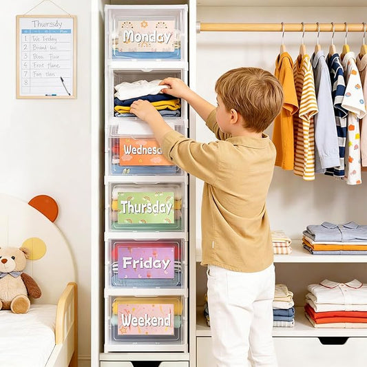 6 Shelf Weekly Clothes Organizer for Kids, Foldable Days of the Week Clothes Organizer with 18 Labels, Monday Through Weekend Essential Stuff Shoe Organizer, Kid Habit & Creativity Training