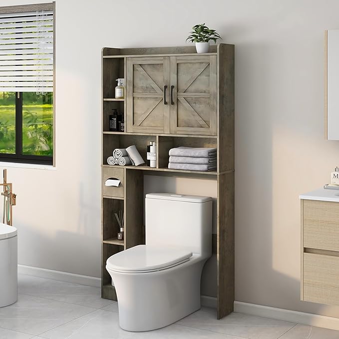 Vabches Over The Toilet Storage Cabinet, Farmhouse Storage Cabinet Over Toilet with 2 Barn Door & Toilet Paper Holder Stand,Home Space-Saving Toilet Rack, for Bathroom, Restroom, Laundry