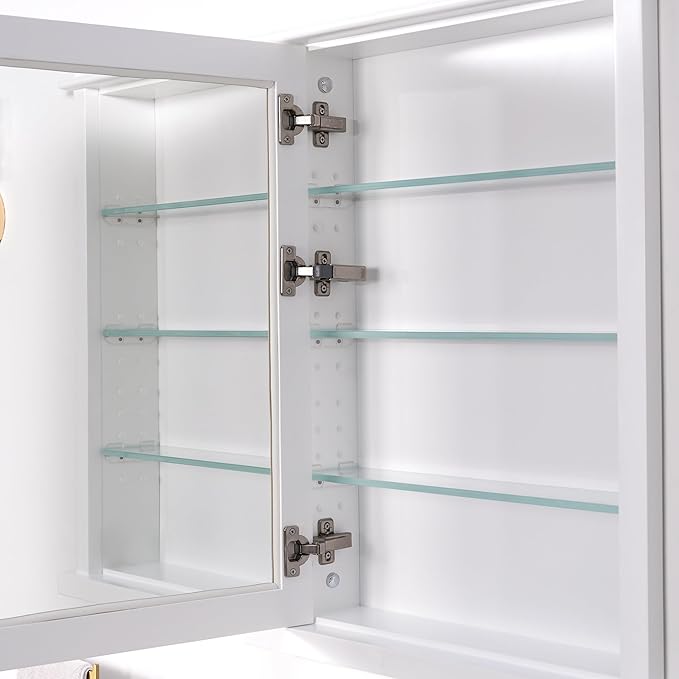 WELLFOR 26"x 32" Bathroom Medicine Cabinet with 3-Tier Adjustable Glass Shelves, Recessed Solid Wood Medicine Cabinet with Mirrors and Soft-Close Door