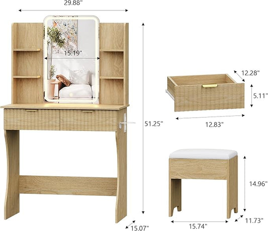 Small Vanity Desk with Mirror and Lights, Makeup Vanity with LED Lighted Mirror, Fluted Vanity with Lights Desk and Chair, 3 Lighting Adjustable Dressing Table with Charging Station for Women,Girls