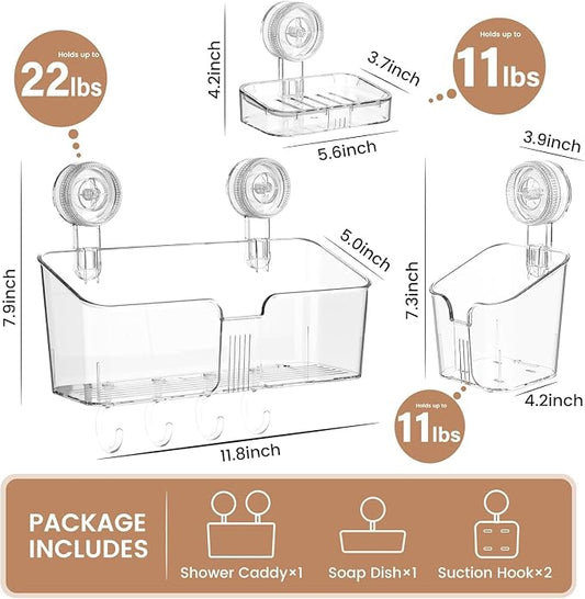 LUXEAR Suction Cup Shower Caddy Clear - Shower Caddy+Soap Dish+Toothbrush Holder - 1 Second Installation NO-Drilling Removable Powerful Waterproof Shower Organizer for inside Shower Bathroom