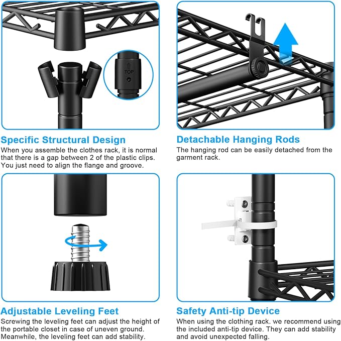 Ulif E13 Heavy Duty Clothes Rack(With 4 Hanger Rods & 8 Shelves) Freestanding Clothing Racks for Hanging Clothes,Adjustable Closet Organizer,Metal Garment Rack 63" W x16 D x77 H,Max Load 900LBS,Black