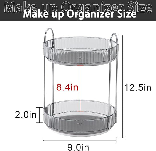 shuang qing Rotating Makeup Organizer for Vanity, High-Capacity Skincare Clear Make Up Storage Perfume Organizers Cosmetic Dresser Organizer Countertop 360 Spinning (Gray, 2 Tier)
