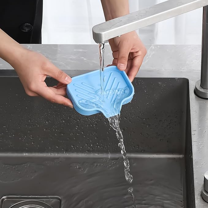 MicoYang Silicone Soap Dish with Drain Spout, Self-Draining Sink Organizer Tray for Bathroom & Kitchen, Sponges, Dispensers & Soap Holder, Non-Slip and Dishwasher Safe, Light Blue (Compact, 4.9"×3.2")