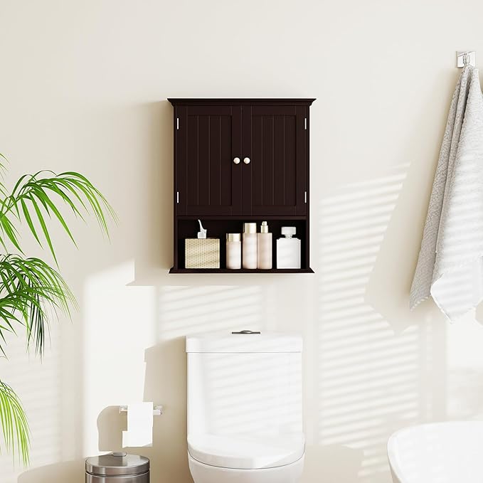 Giantex Wall Mounted Medicine Cabinets - Above Toilet Bathroom Cabinet with Adjustable Shelf, Open Shelf, Over The Toilet Space Saver Storage Cabinet for Laundry Room, Kitchen, Cupboard (Brown)