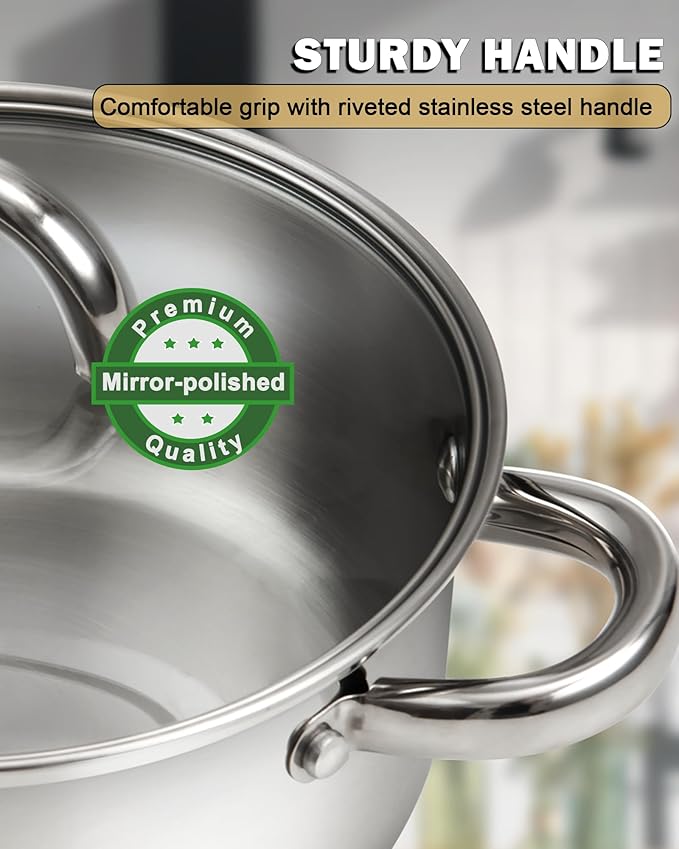 Cook N Home Basics 8 Quart Stainless Steel Stock Pot with Lid, Cooking Pot for Pasta, Soup, Sturdy Handle, Stockpot with Even Heating, Oven & Dishwasher Safe, Cookware for Canning, Boiling