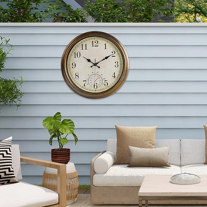 16 Inch Large Outdoor Clock, Waterproof Wall Clock with Thermometer, Battery Operated Silent Non-Ticking Vintage Wall Clock Quartz Round Clock Home Decor,Brown