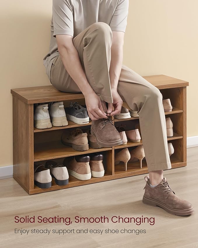 VASAGLE Shoe Bench, Storage Bench, 6 Compartments, Adjustable Shelves, for Living Room, Entryway, Dorm, 11.6 x 39.4 x 19.7 Inches, Honey Brown ULSB036K01