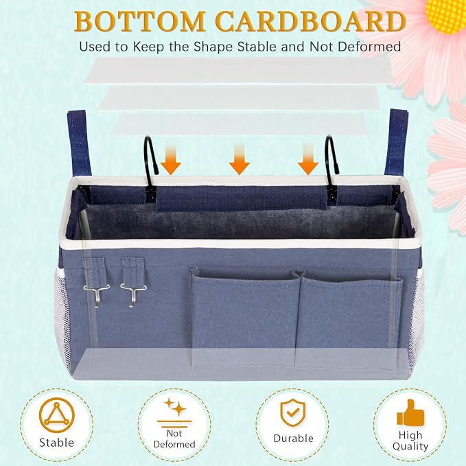 Bedside Storage Caddy/Bedside Hanging Storage Bag for Headboards Bunk Beds Dorm Rooms Book Phone Magazine Holder (Navy Blue)