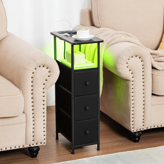 Narrow End Table Living Room with Charging Station, Skinny Side Table with Fabric Drawers, Slim LED Nightstand for Bedroom, Small Spaces, Couch, Black, HETNDP03LBK-1