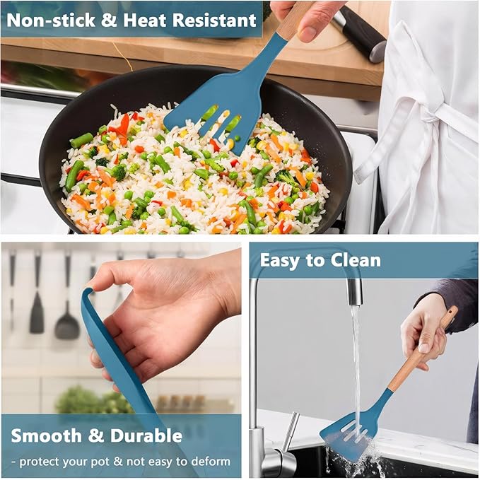 IOCBYHZ Silicone Kitchen Cooking Utensils Set 5Pcs Non-Stick Silicone Kitchen Utensils Set Spatula Spoon Turner Ladle with Wooden Handle, Heat Resistant Cooking Gadgets for Nonstick Cookware BPA-FREE