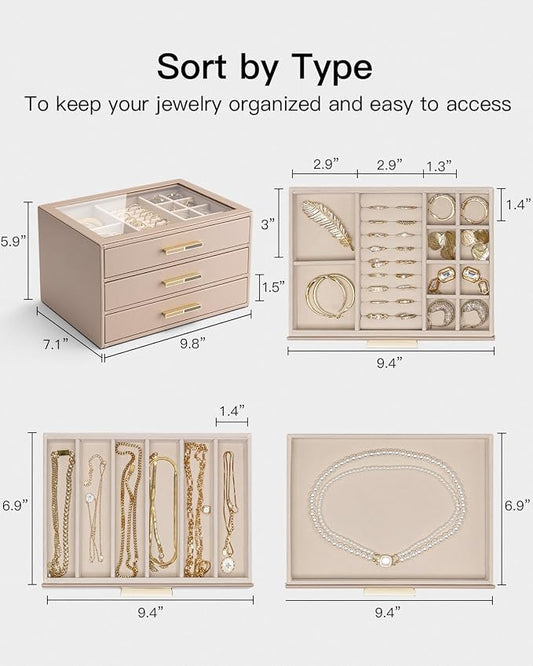 VLANDO 3 Layer Jewelry Box for Women, Glass Lid Jewelry Organizer with 3 Drawers for Necklaces Rings Earrings Bracelets - Toffee